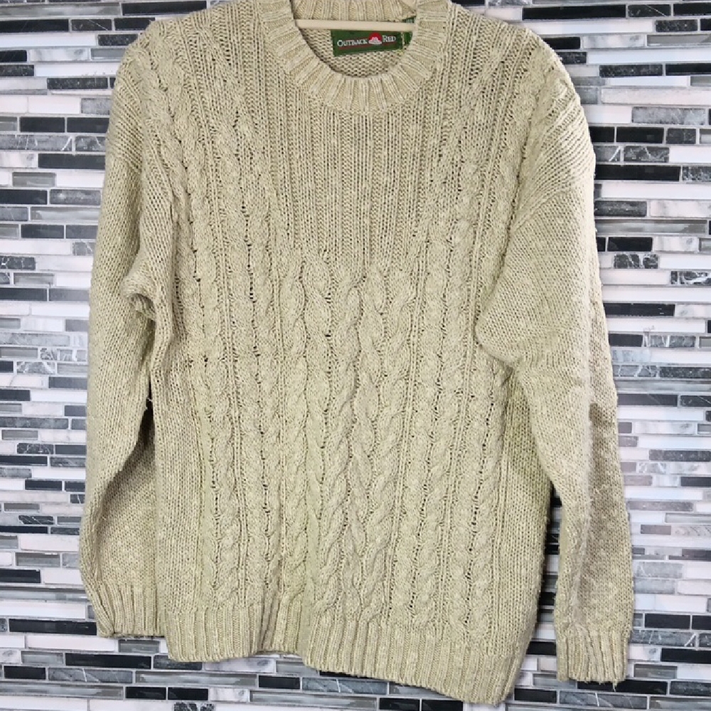 Outback Red M Sage Green Cable Knit Crewneck Sweater Pullover Longsleeve